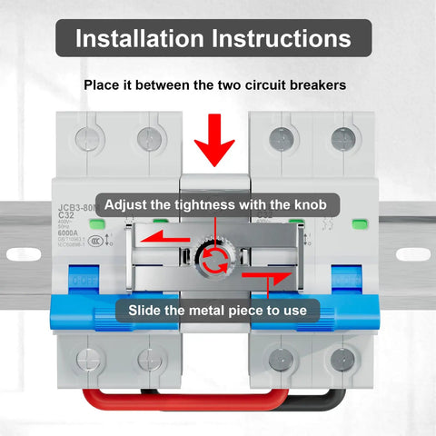 Manual Locking Breaker Device for DIN Rail Mounts, Slide Lock for Circuit Breakers shown with installation instructions.