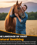 Man hugging horse in field, promoting Equine Recovery Pro 18 Head Massage Gun For Horses With Deep Tissue Percussion 20mm Amplitude.