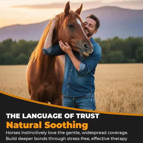 Man hugging horse in field, promoting Equine Recovery Pro 18 Head Massage Gun For Horses With Deep Tissue Percussion 20mm Amplitude.