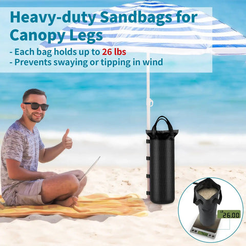 Four Heavy Duty Sand Bags For Canopy And Gazebo Legs Extra Large 6 By 20 Inch Sand Bags shown on beach with umbrella.