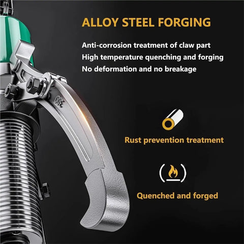 Close-up of the Beefy Heavy Duty Gear Puller Kit in industrial grade forged steel with anti-corrosion treatment and features.