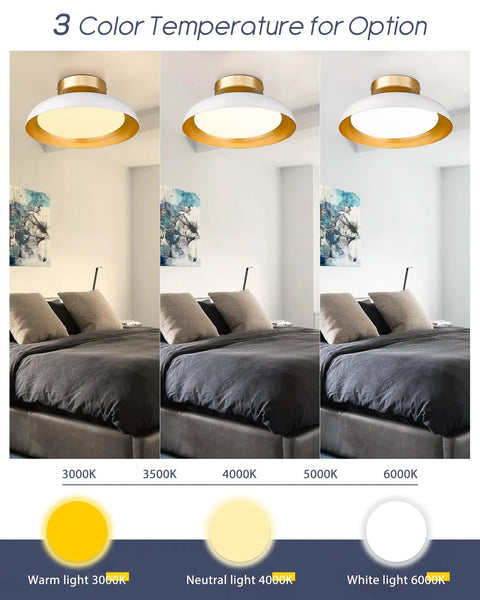 12 Inch LED Flush Mount Ceiling Light Fixture In White And Gold, 12W 1200lm, showing 3CCT adjustable warm neutral cool lighting in bedroom