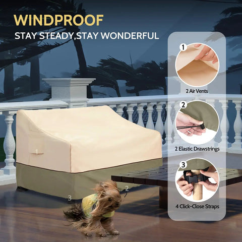 Waterproof Outdoor 3-Seater Sofa Cover Heavy Duty Protects Your Patio Furniture with adjustable straps and air vents in stormy setting