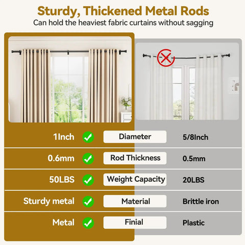 Heavy Duty Adjustable Curtain Rod 32 To 144 Inches Black 1 Inch Diameter Extra Long Window Rods Modern Design No Fuss Easy Install