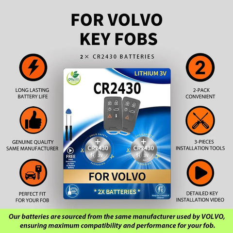 Two Pack CR2430 Key Fob Batteries For Volvo XC60 2010 2017 S60 2011 2018 XC70 2008 2016 S80 2007 2016 V60 2015 2018 V70 2008 2010 Remote Fob Replacement With Pry Tool Included packaging