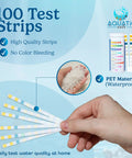 Nine In One Aquarium Water Test Kit With 100 Freshwater And Saltwater Test Strips Dialing Into PH Nitrate Nitrite And Chlorine Levels Along With Iron Copper And Alkalinity For Snappy Fish Tank Checks And Zero Drama in hand showing 100 test strips.