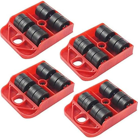 Set of four furniture rollers with black wheels and red bases, Ergonomic Furniture Lift Mover Tool Set With Non-Slip PVC Handles And Durable Steel Build For Heavy Sofa Lifting Without Back Strain Or Injury.