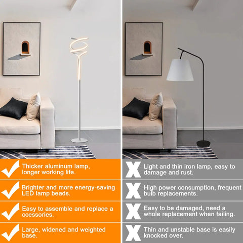 LED Modern Floor Lamp For Living Room With Remote Dimmer Three Color Temperature Modes 40W 2500LM Dimmable Spiral Lamp vs Standard Lamp