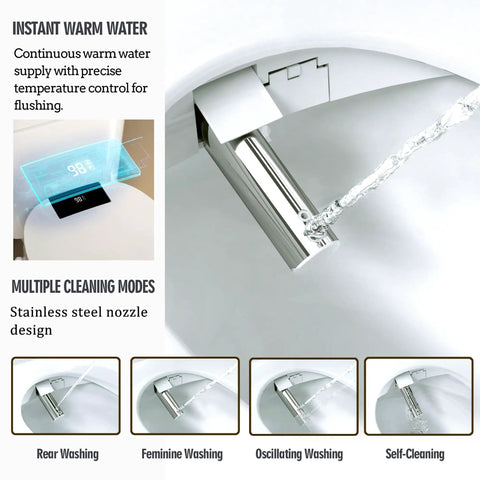 Upgraded Elongated Bidet Toilet Seat With Adjustable Warm Wash And Hot Air Dryer Featuring Self Cleaning Nozzle And Smart Remote. Stainless steel nozzle with warm water feature.