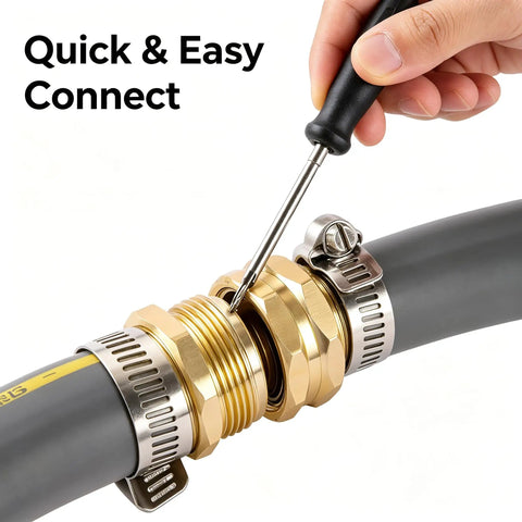 Heavy Duty 6 Piece Garden Hose Repair Kit With Brass And Aluminum Fittings For 5/8 Inch And 3/4 Inch Hoses Fix Drips And Leaks Fast Without Calling Pros For Your Outdoor Yard Irrigation System, hose clamp repair close-up