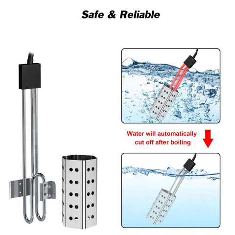 Heavy Duty 1500W Immersion Water Heater for fast heat in 5 gallons of water, submersible bucket bath heater with metal guard cover