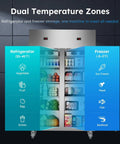 Rock Solid Fifty Inch Wide Commercial Refrigerator Freezer Combo Serving Forty Cu Ft Dual Zone Chill With Brushed Stainless Body showing dual temperature zones.