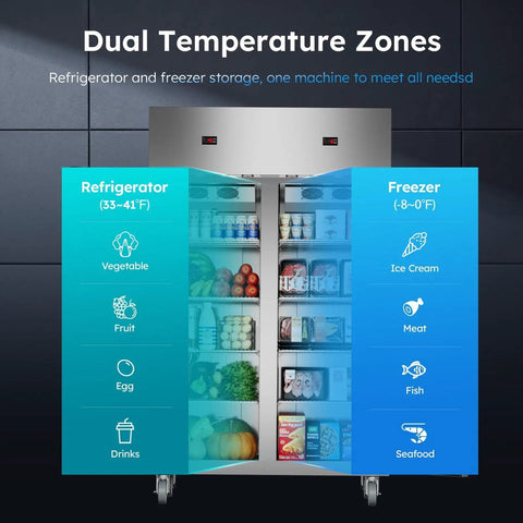 Rock Solid Fifty Inch Wide Commercial Refrigerator Freezer Combo Serving Forty Cu Ft Dual Zone Chill With Brushed Stainless Body showing dual temperature zones.