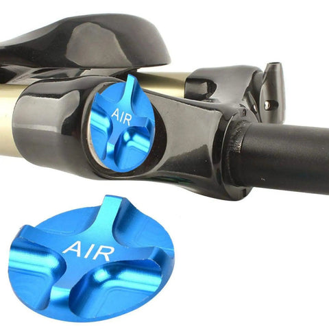 Ride Ready Front Fork Valve Cover Aluminum Alloy Shield For Suspension Forks Airtight Bike Cap Accessory, blue, installed view