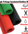 Built Different Heavy Duty 35 KV Insulating Rubber Flooring Mat Anti Static Industrial Grade Safety Thick Cuttable Electric Shock Protection Pad Black rolled with red and green options.