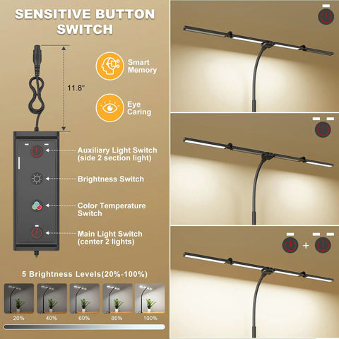 Ultra Wide 31.5 Inch Desk Lamp With Clamp 24W 1800LM Auto Dimming Five Color Modes Timer control panel and lamp features.