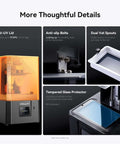 Halot R6 Resin 3D Printer For Kids And Beginners with anti-UV lid, anti-slip bolts, dual vat spouts, and tempered glass protector features.