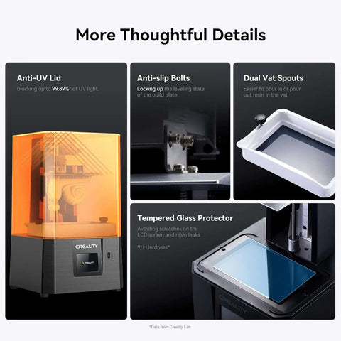 Halot R6 Resin 3D Printer For Kids And Beginners with anti-UV lid, anti-slip bolts, dual vat spouts, and tempered glass protector features.