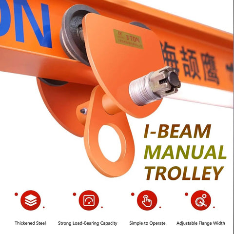 Industrial Workhorse Push Beam Hand Truck For Lifting And Transport, Steel Manual Load Tool, 2200 To 6600 Lb Capacity, Adjustable Flange Width 2.5 In To 5.5 In, Fits Straight And Curved I Beams; orange steel manual I-beam trolley close-up