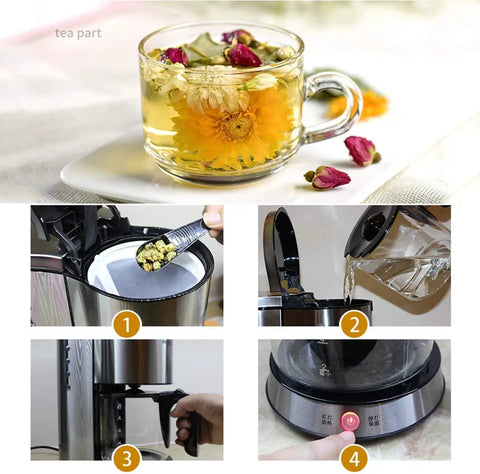 Steps showing the use of Drip Coffee Maker 1250W Power, 1.25L Glass Carafe, Stainless Steel Filter Coffee Machine.