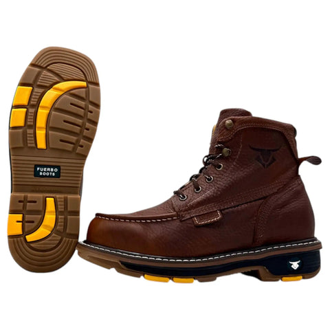 Side and sole view of Six Inch Moc Toe Work Boots For Men In Ocre Brown Full Grain Leather, Oil Resistant, Slip Resistant Traction