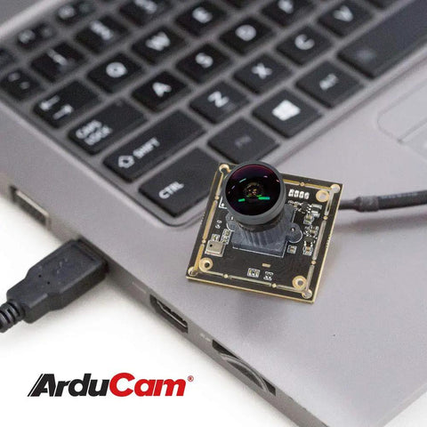 1080P Low Light WDR USB Camera Module with Microphone connected to laptop, showcasing Ultra Wide 160 Degree Fisheye Lens, 2MP IMX291
