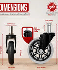 Dimensions diagram of Heavy Duty 3 Inch Office Chair Wheels Set Of 5 Replacement Rubber Casters with size measurements.