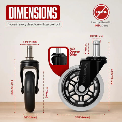 Dimensions diagram of Heavy Duty 3 Inch Office Chair Wheels Set Of 5 Replacement Rubber Casters with size measurements.
