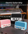 Portable 5W Bluetooth Guitar Amp For Practice With Dual 5W Speakers Clean And Overdrive Channels in pink, black, and blue