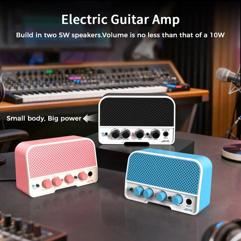 Portable 5W Bluetooth Guitar Amp For Practice With Dual 5W Speakers Clean And Overdrive Channels in pink, black, and blue