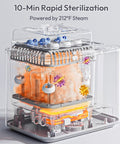Front view of NCVI large baby bottle sterilizer and dryer in clear plastic housing; holds 6 bottles and pump parts