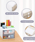 Compact Desk Organizer With Drawer And Divided Compartments For Pens Pencils Cards Phone Clips Markers Sticky Notes And Makeup Accessories Ideal Office School And Home White, showing compartments and transparent drawers on wood surface.