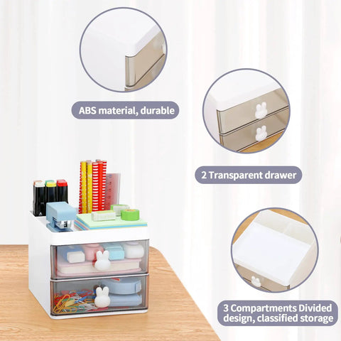 Compact Desk Organizer With Drawer And Divided Compartments For Pens Pencils Cards Phone Clips Markers Sticky Notes And Makeup Accessories Ideal Office School And Home White, showing compartments and transparent drawers on wood surface.