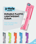 3 Hole Punch For Papers And Binders, Portable 3 Ring Hole Punch With Built In 10 Inch Ruler, Removable Chip Tray in six colors