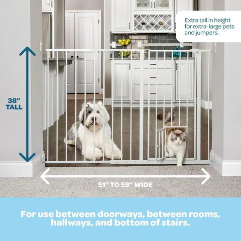 Extra Tall Expandable Dog Gate For Doorways And Bottom Of Stairs Fits 51 To 59 Inch Openings 38 Inch Tall White Metal Pet Gate