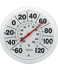 Wireless Indoor Outdoor Dial Thermometer With An 8 Inch Display For Patio Pool And Indoor Use Weather Resistant White Shows Easy To Read Large Numbers From Minus 60 To 120 Degrees Fahrenheit. white round dial thermometer, 8-inch, showing 60°F