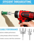 3 Piece PVC Pipe Threader Set For Water Lines - 1/2 Inch, 3/4 Inch, And 1 Inch Dual Function Internal External Threading Tool in use with drill