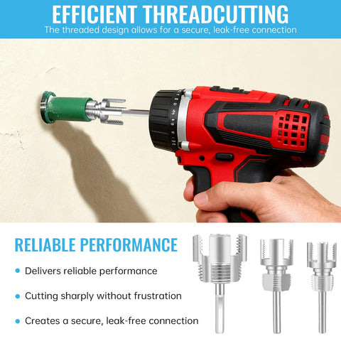 3 Piece PVC Pipe Threader Set For Water Lines - 1/2 Inch, 3/4 Inch, And 1 Inch Dual Function Internal External Threading Tool in use with drill