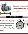 Beefy Hand Push Sand Belt Grinder With Slick Polish Finish 4Kw Motor Cranks Out Two Thousand Eight Hundred Rotations, showcasing motor and durable wheels.