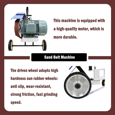 Beefy Hand Push Sand Belt Grinder With Slick Polish Finish 4Kw Motor Cranks Out Two Thousand Eight Hundred Rotations, showcasing motor and durable wheels.