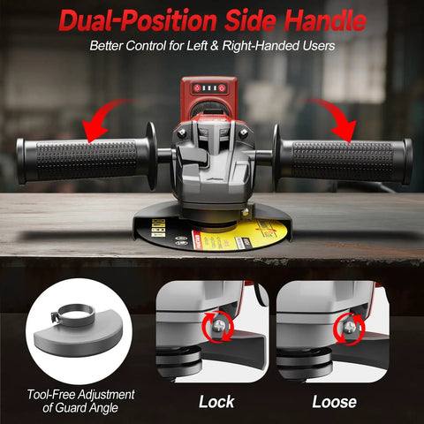 Cordless Angle Grinder For 18V Batteries, Four And A Half To Five Inch, dual-position side handle, tool-free guard angle adjustment
