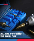 Front view NEIKO 10173A step drill bit set in blue case, 5-piece SAE, titanium-coated unibits for metal and wood