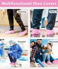Collage of pink indoor shoe covers used for cleaning, rainy day, hospital, renovation; 100 Pack Disposable Indoor Shoe Covers Non Slip