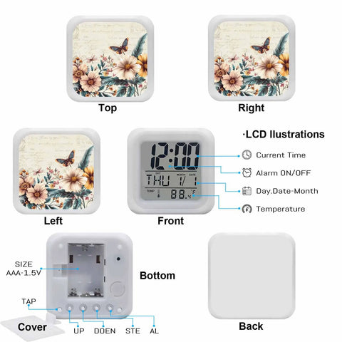 Straight Up Cool Seven Color LED Cube Alarm Clock With Temp And Date Display Vintage Floral Butterfly Night Light top view