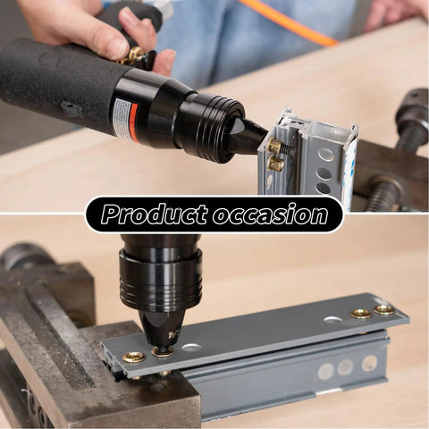 Pneumatic Rivet Nut Kit With 400 RPM Air Tool in use on metal panel, showcasing quick installation with interchangeable nozzles.