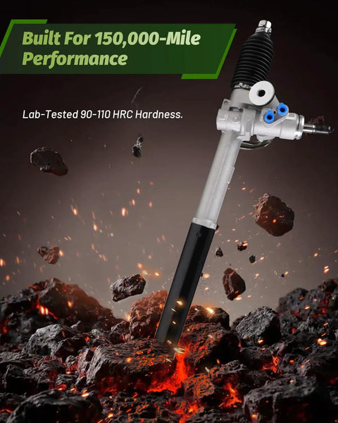 Direct Fit Steering Rack And Pinion Assembly For 2002-2009 Trailblazer Envoy Rainier Isuzu Ascender Saab 9-7x Premium OE Replacement 221014 shown against fiery background highlighting durability.