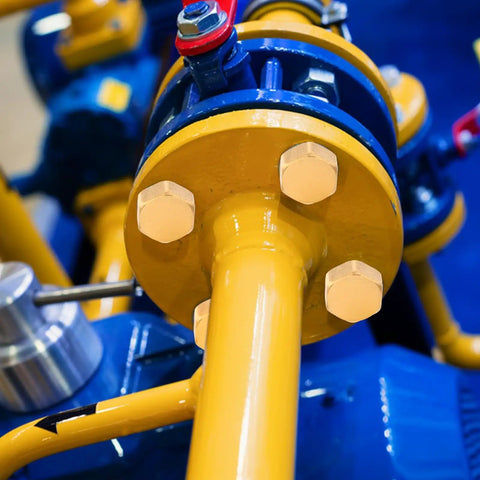 Close-up view of an industrial pipe assembly with yellow bolts and blue machinery components in a mechanical setting.