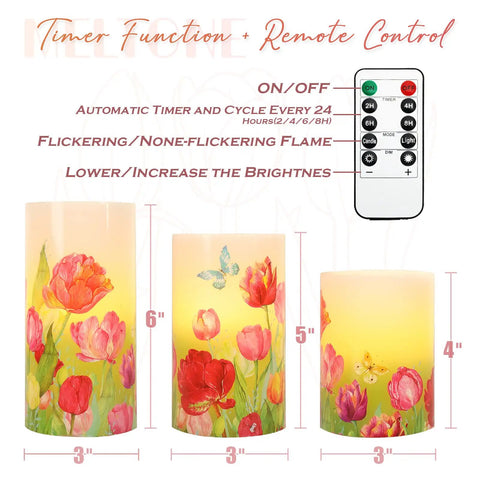 Flameless LED Candles With Remote Set Of 3 Real Wax Bunny Glass Decor, floral patterns, various sizes, remote shown