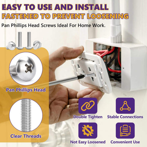 Installing 20 Pack 6-32 x 1 Inch Phillips Pan Head Stainless Steel Machine Screws 304 for electrical outlets and switch plates