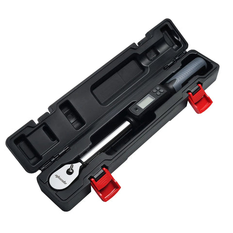 Half Inch Digital Torque Wrench With Rotating Display For Precise Fastening, 19.9 To 154.8 Lb Ft Range, Four Percent Accuracy, Beep Alerts When Target Reached, Easy Unit Conversions Between Lb Ft Nm Kg, Half Inch Drive, Made In Taiwan in case